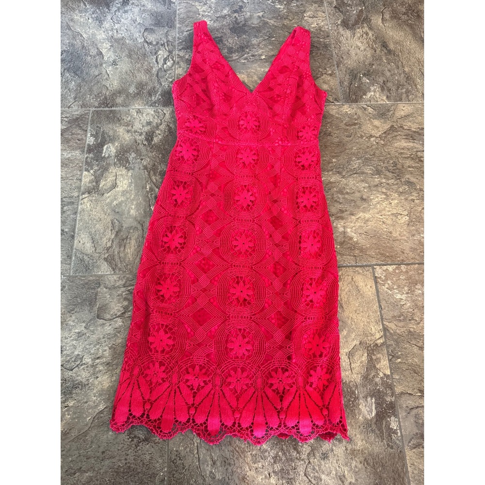 Maeve Anthropologie Hot Pink Lace V-Neck Sleeveless‎ Midi Dress Size 2 EUC